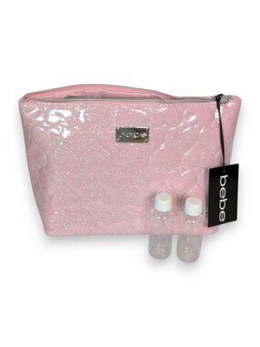 Bebe Pink Heart Quilted Shimmer Large Travel Cosmetic Bag 2 Travel Bottles NWT